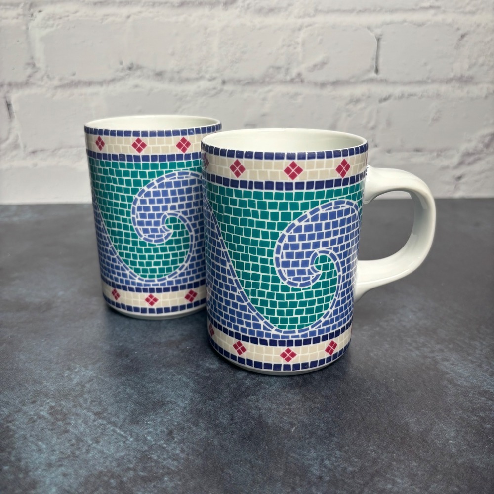 Dansk Vintage 90's Mosaic Waves Coffee Mugs Beachy Coastal, Set of 2 - Picture 2 of 7